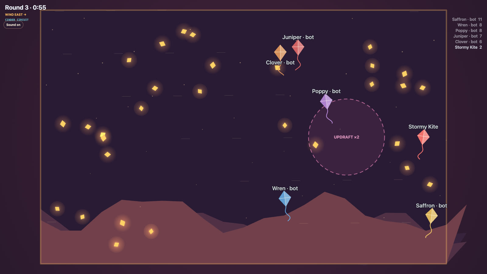 Ribbon-tailed kites chasing glowing sparks above mountains at dusk